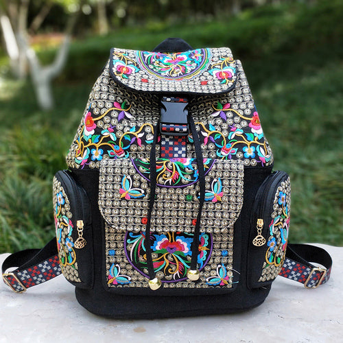 New Embroidery Bag Ethnic Style Bag Women's Large Capacity Canvas Backpack Travel Bag Fabric Art