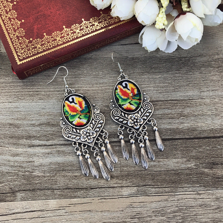 National Style Embroidered Tassel Earrings Retro Fashion Chime Earrings Ethnic Style Versatile Earrings