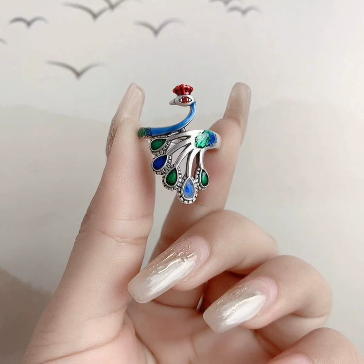 Sterling Silver Retro Thai Silver Ethnic Style Classical Ring Women's Light Luxury Open Index Finger Fashion Personality Exaggerated Peacock Phoenix