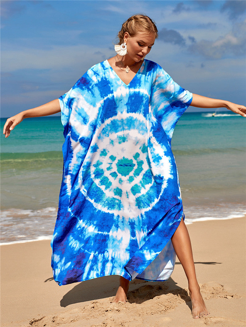 Hot Cotton Watermark Printed Beach Cover Up Robe Style Beach Vacation Sun Protection Bikini Cover Up