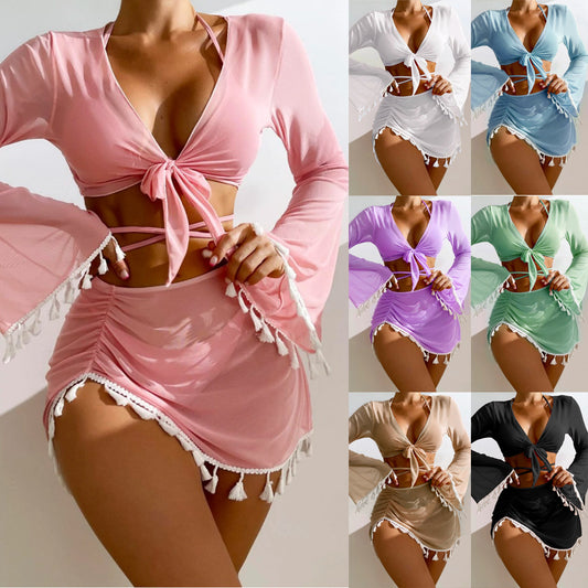 New Conservative Four Piece Set Solid Color Tassel Top, Mesh Short Skirt, Bikini for Women