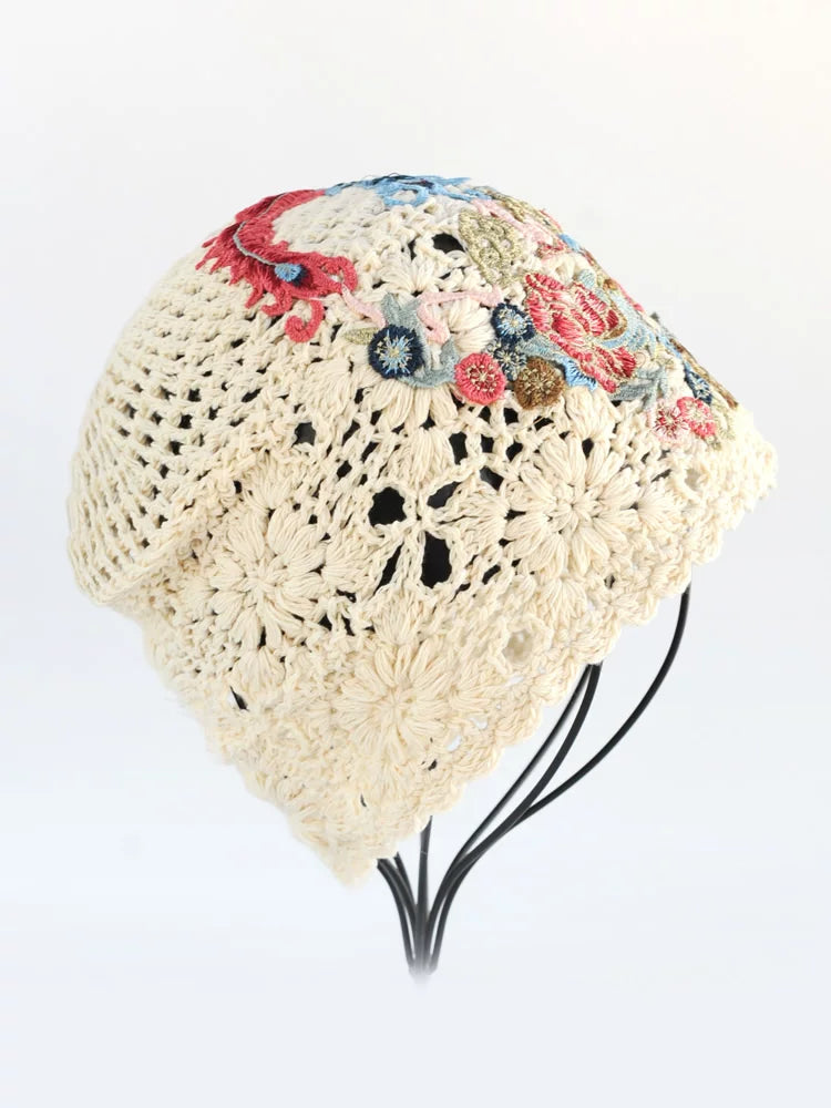 Ethnic Style Phoenix Embroidery Women's Headscarf Cover White Autumn Hat Hollow Knitting Heap Headscarf Woven Hat