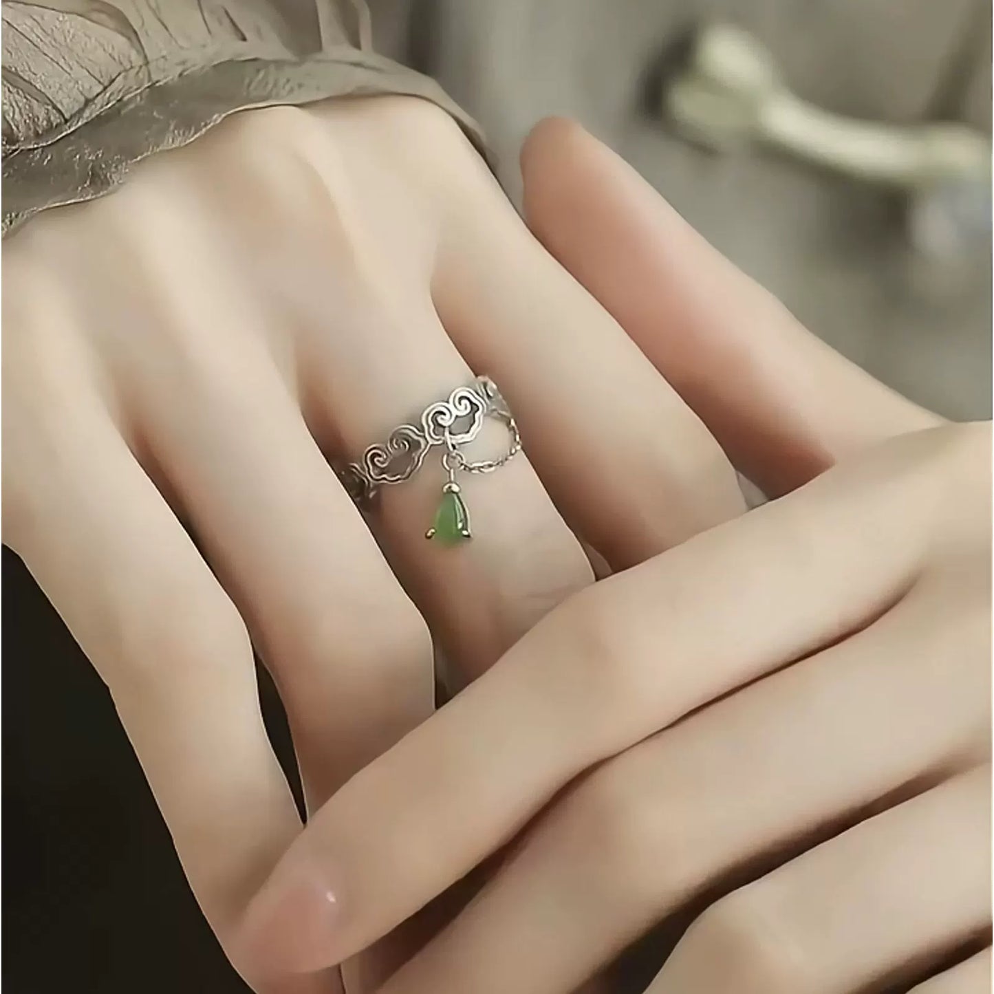 Jasper Water Drop Ring 925 Silver Women's Niche High-end Light Luxury Love Hollow Flower Carving Open Index Finger Ring
