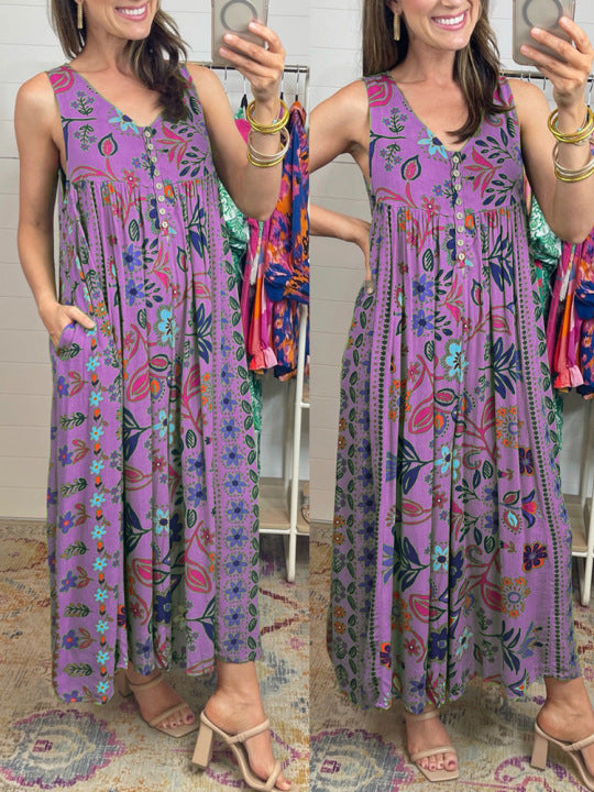 Summer New Women's Retro Print Loose Sleeveless jumpsuit