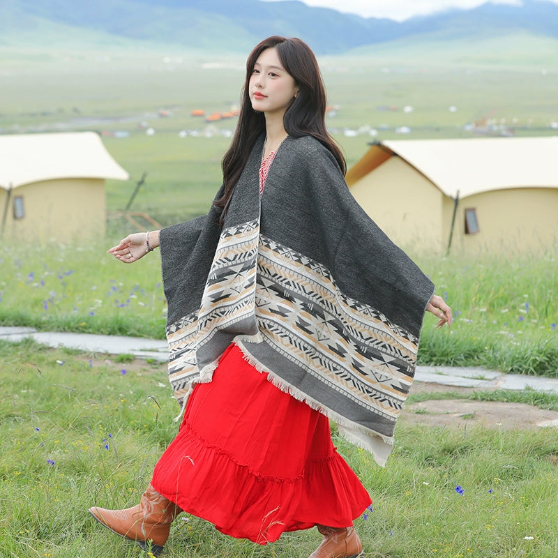 Tibetan Great Retro Totem Red Warm Outer Shawl Women's Scarf Autumn and Winter Cloak Big Cloak