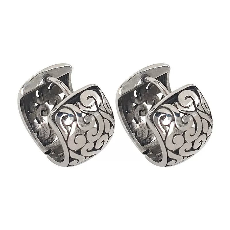 Cloud Ear Buckle Tibetan Style Retro Old Thai Silver Tang Grass Pattern Earrings