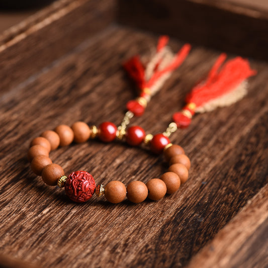 Handwoven Peach Wood Old Mountain Sandalwood Emperor Sand Vermilion Sand Handstring Female National Style Bead Handstring Buddha Bead Handchain Bracelet