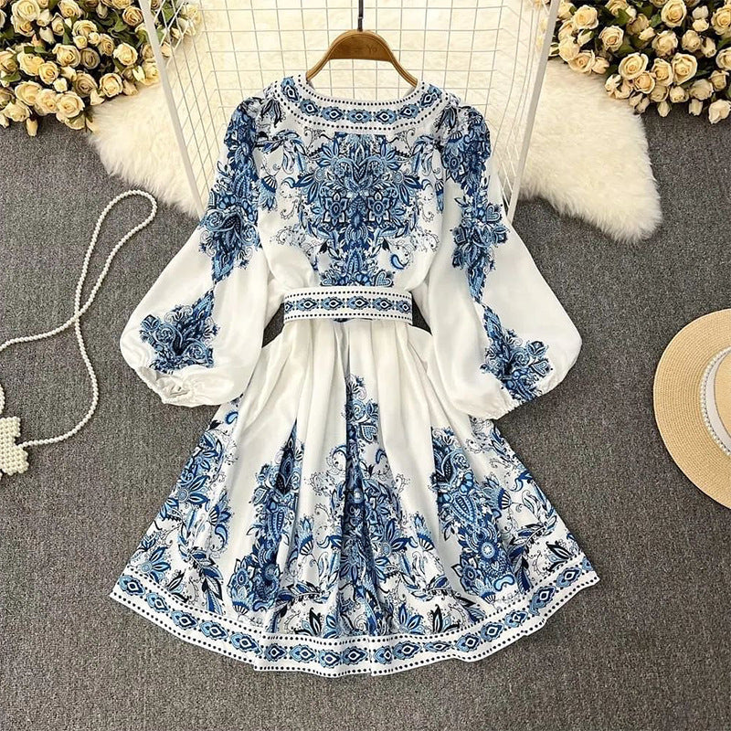 Fall New Women's Fashion V-Neck Long Sleeve Bohemian Print Dress