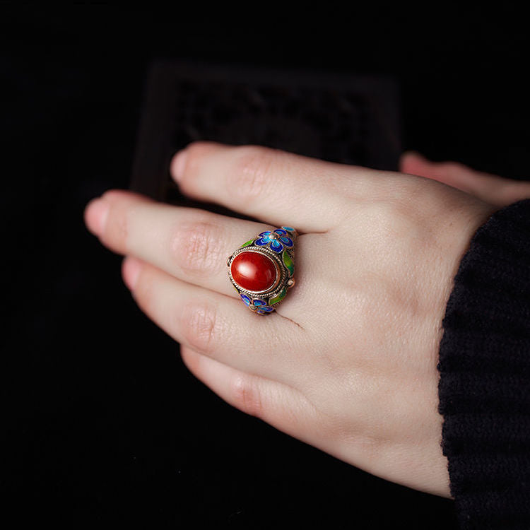 South Red Stone Blue Pattern Ring Lady's Court Vintage Distressed Band Silver Adjustable Open Ring