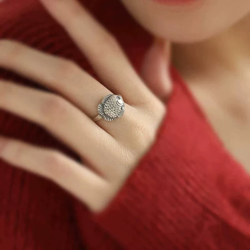 925 Silver Retro New Good Luck Koi Small Carp Ring Opening Adjustment Niche Design