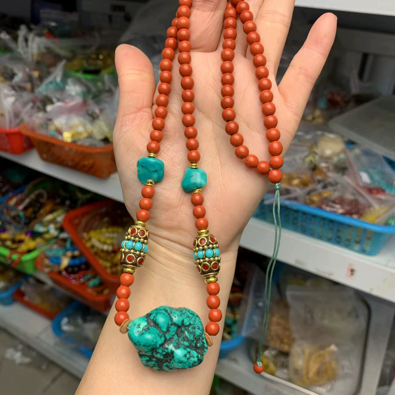 New Tibetan Ethnic Style Handmade Beeswax Turquoise Inlaid Nepalese Accessories Neck Hanging Sweater Chain