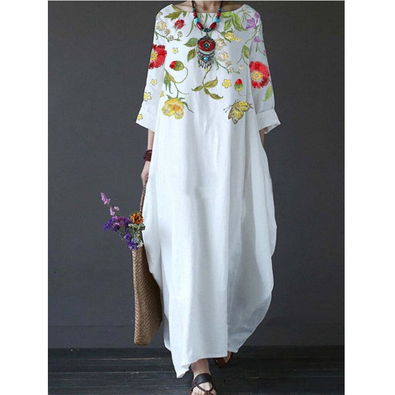 Summer Feminine Style Long Dress Round Neck Vintage Sweet Print Art Dress 3/4 Sleeve