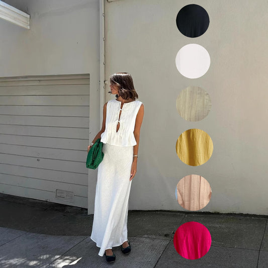 6 Colors Breathable Cotton and Linen Pleated Sleeveless Straps, Women's Shirts, High Street Long Skirts.