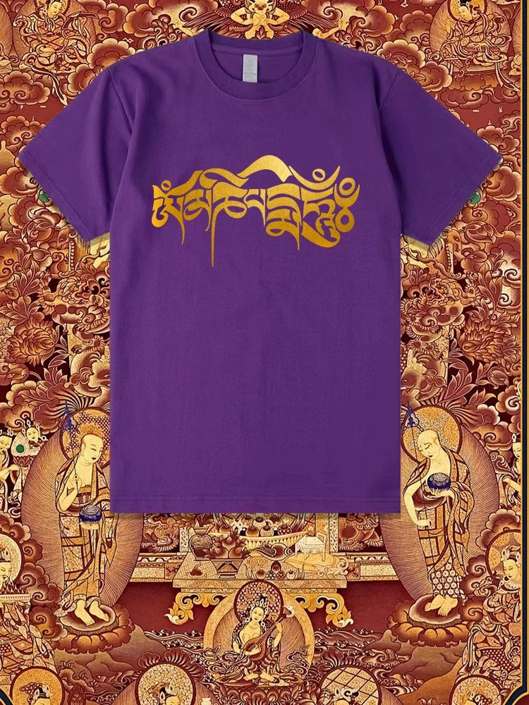 Six-character Mantra Tibetan Summer Men's and Women's Same Cotton Short-sleeved T-shirt Round Neck New Clothes Buddhist Cultural Shirt