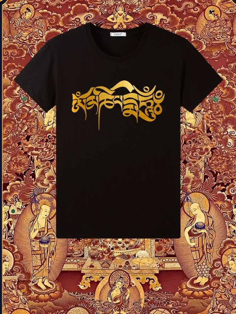 Six-character Mantra Tibetan Summer Men's and Women's Same Cotton Short-sleeved T-shirt Round Neck New Clothes Buddhist Cultural Shirt