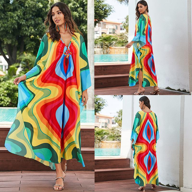 New Printed Chest Knitted Beach Cover Up Loose Oversized Vacation Sun Protection Shirt Bikini Cover Up