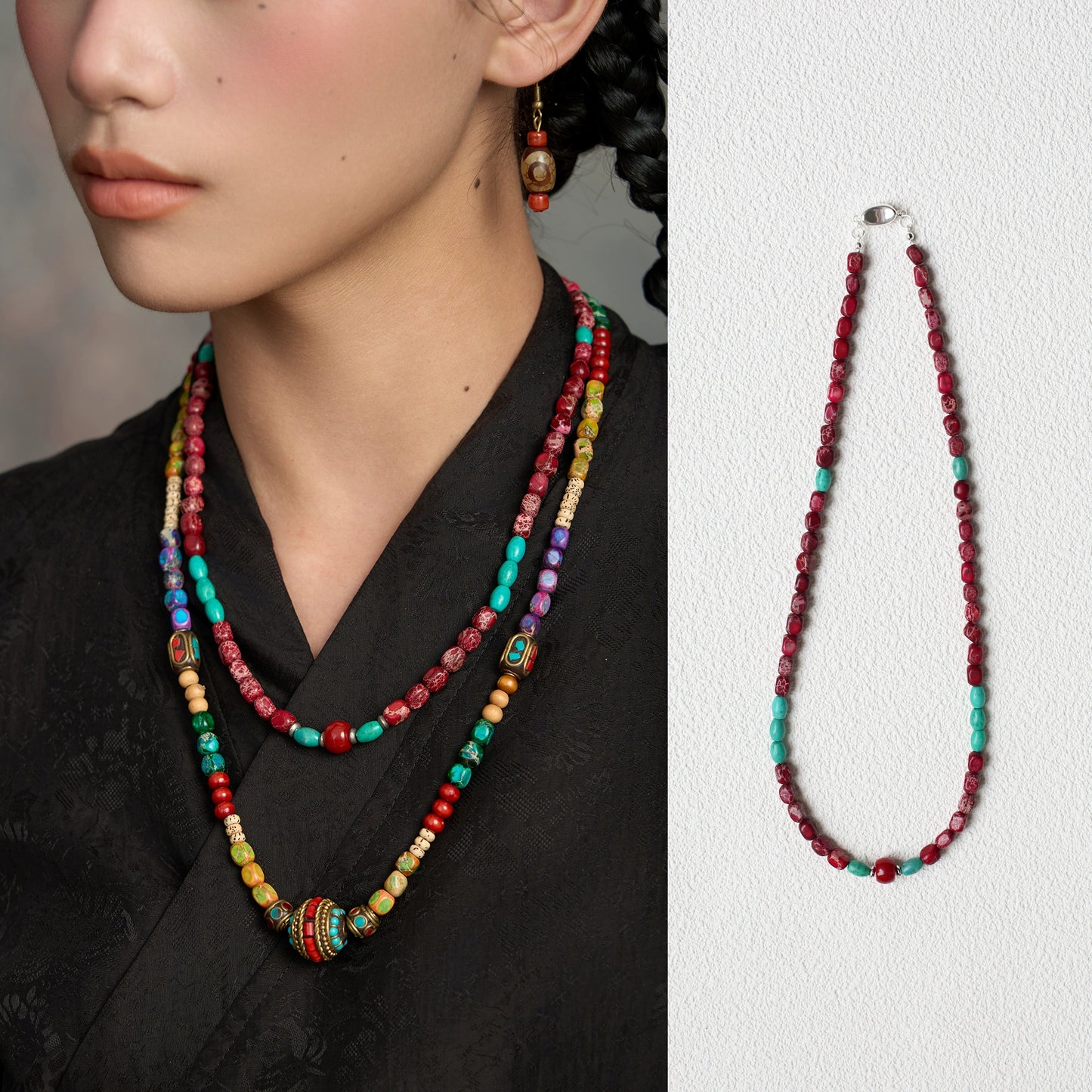 Tibetan Colored Turquoise Bodhi Bead Necklace, Lhasa Ethnic Style Jewelry, Original Design Tibetan Clothing Accessories Women