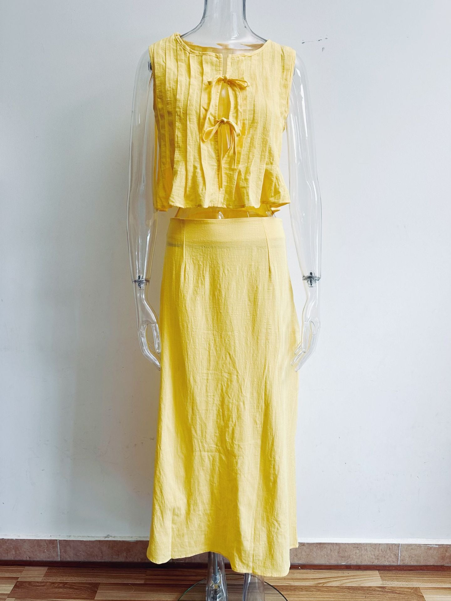 6 Colors Breathable Cotton and Linen Pleated Sleeveless Straps, Women's Shirts, High Street Long Skirts.