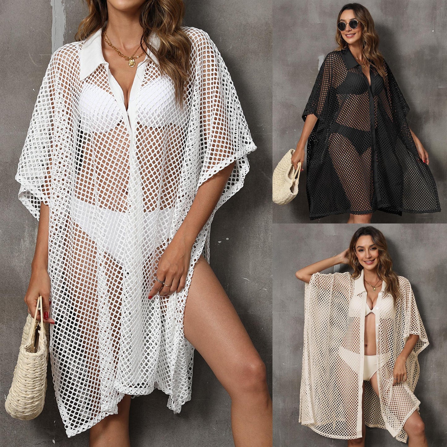 Beach Clothes Holiday Women's Grid Stitching Shirt Collar Irregular Dress