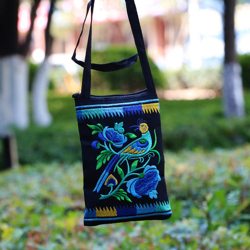 Ethnic Style Tribal Embroidery Flower Crossbody 6.5 Inch Mobile Phone Bag Hanging Neck Mobile Phone Bag