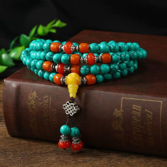 Tibetan Ethnic 108 Turquoise Bracelets for Men and Women High-end Beeswax Sweater Chain Beads Bracelet