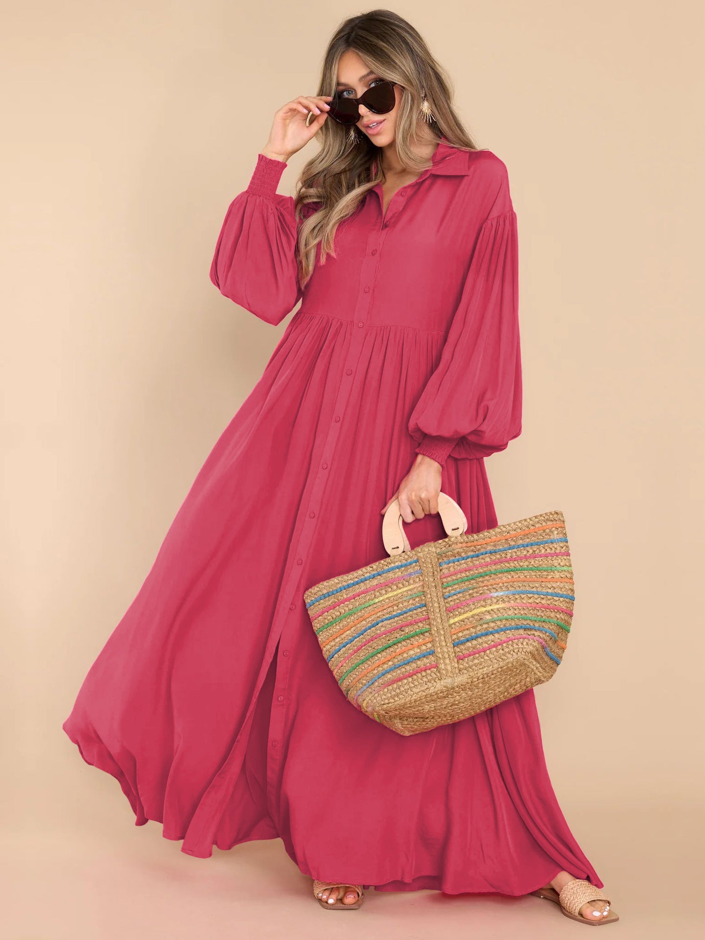 Autumn and Winter New Product Long Solid Color Dress Button Long Dress Loose Oversized Swing Skirt