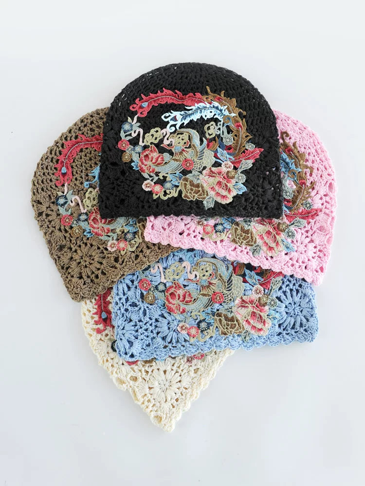 Ethnic Style Phoenix Embroidery Women's Headscarf Cover White Autumn Hat Hollow Knitting Heap Headscarf Woven Hat