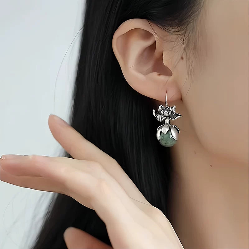 S925 Silver Good Things Lianlian Round Bead Earrings Women's Niche Design Sense Ethnic Style Lotus Anti-Allergy Earrings