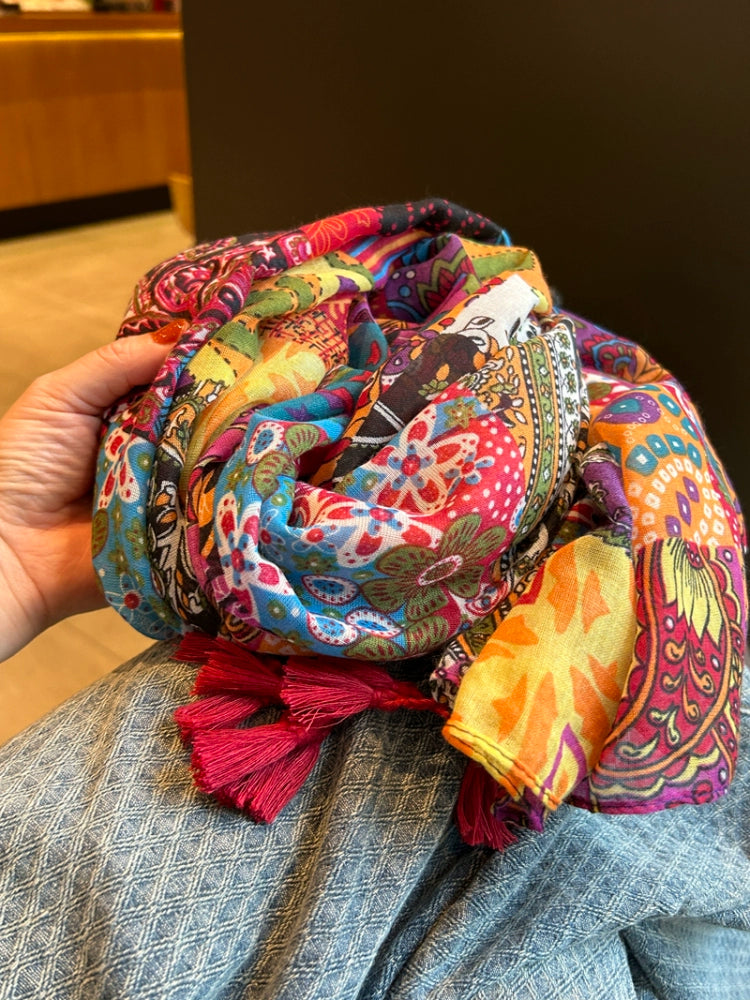 Ethnic Style Colored Silk Scarves Women's Summer Versatile Yarns Cotton and Linen Feel Air-conditioned Room Scarves Beach Towels Sun Protection Shawls