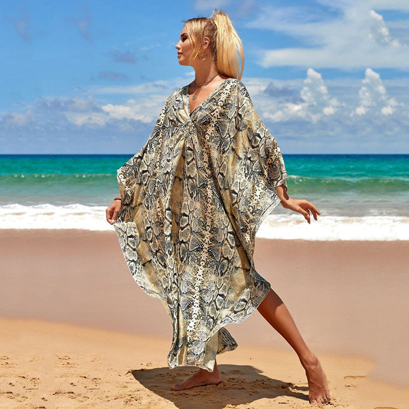 Printed Chest Knitted Beach Cover Up Loose Oversized Vacation Sun Protection Shirt Bikini Cover Up