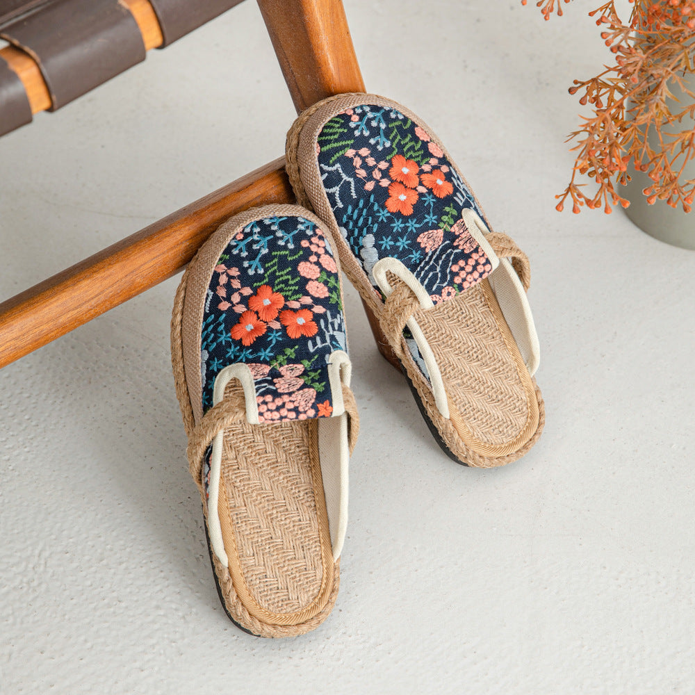Spring and Summer New Cotton and Linen Slippers Women's Ethnic Style Hand-sewn Craft Bag Head Flat-bottomed Slippers