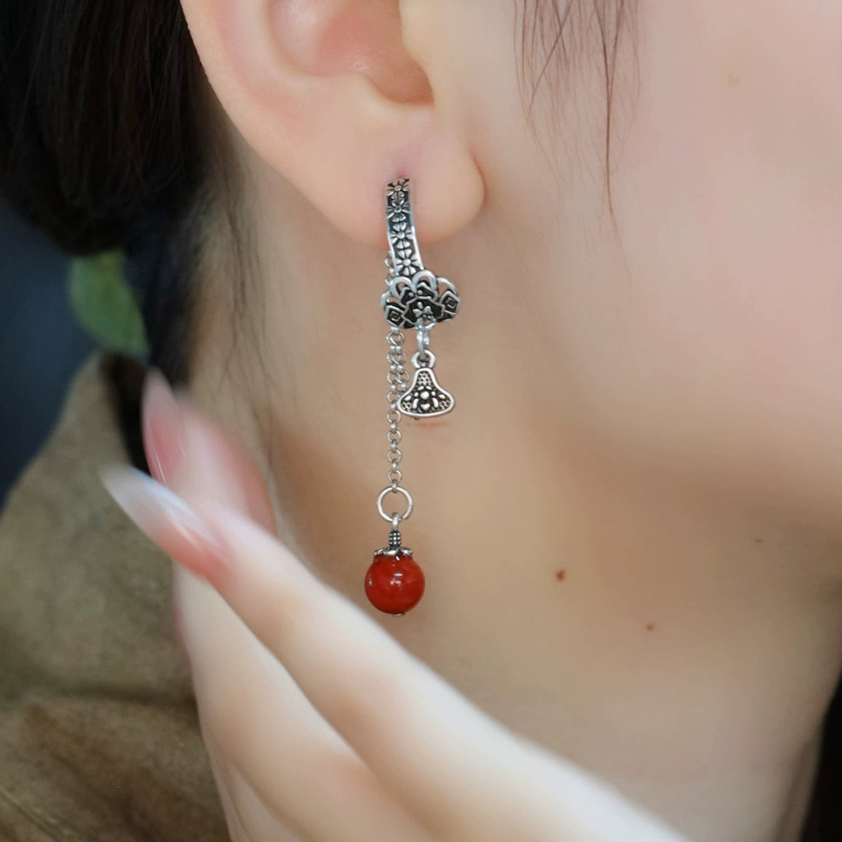 925 Silver Retro New Tibetan Style Tassel Asymmetric Earrings Women's Niche Design