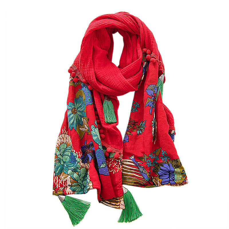 Spring and Autumn Cotton and Hemp Red Scarf Retro Winter Versatile Art Shawl