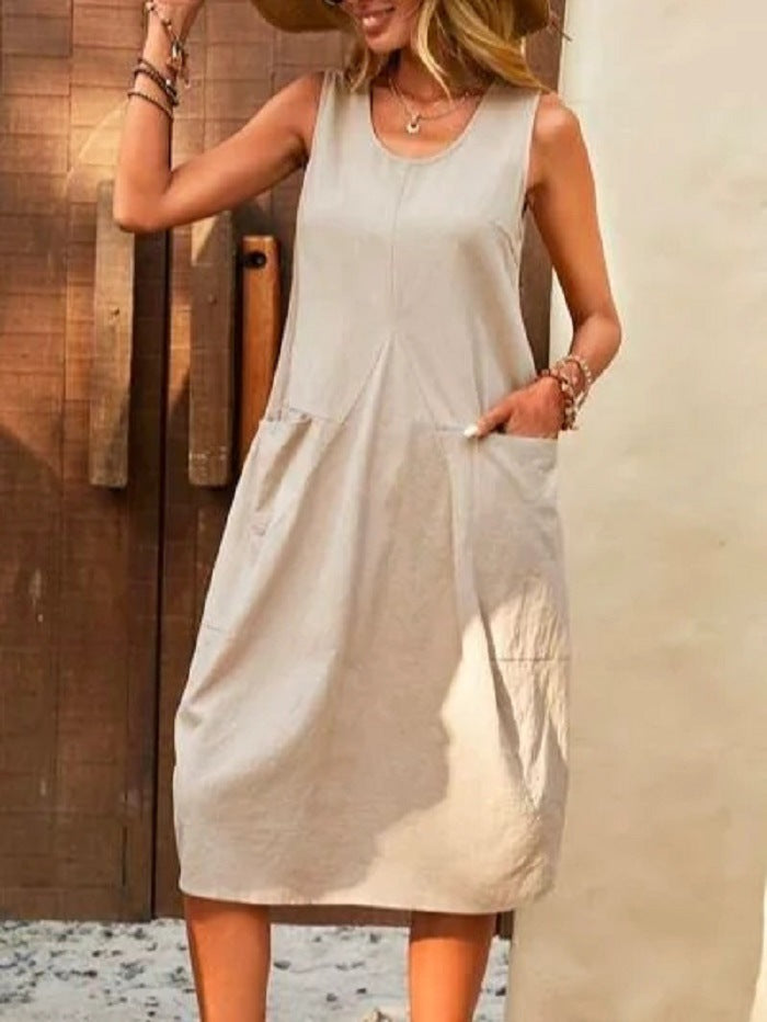 Casual Dress Cotton Linen Sleeveless Solid Amazon Loose U-neck Dress