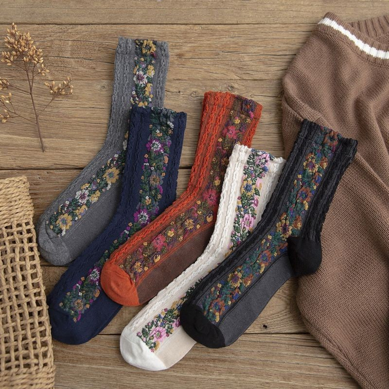 Twist Pattern Medium Tube Women's Literary Cotton Socks Ethnic Style Flower Dark Pattern Socks