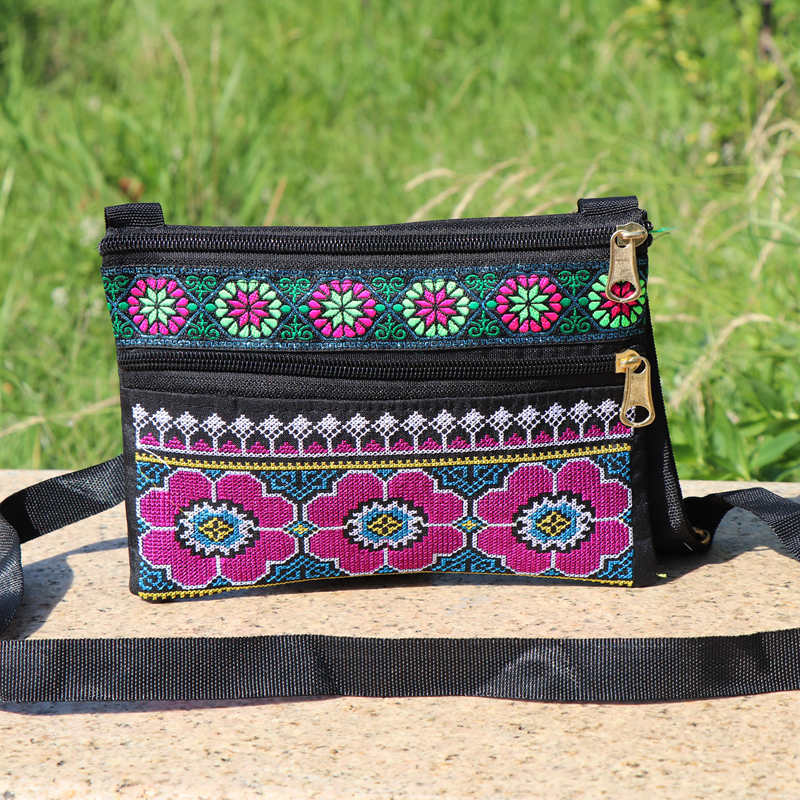 Ethnic Embroidery Single Shoulder Crossbody Bag Double Layer Zipper Bag