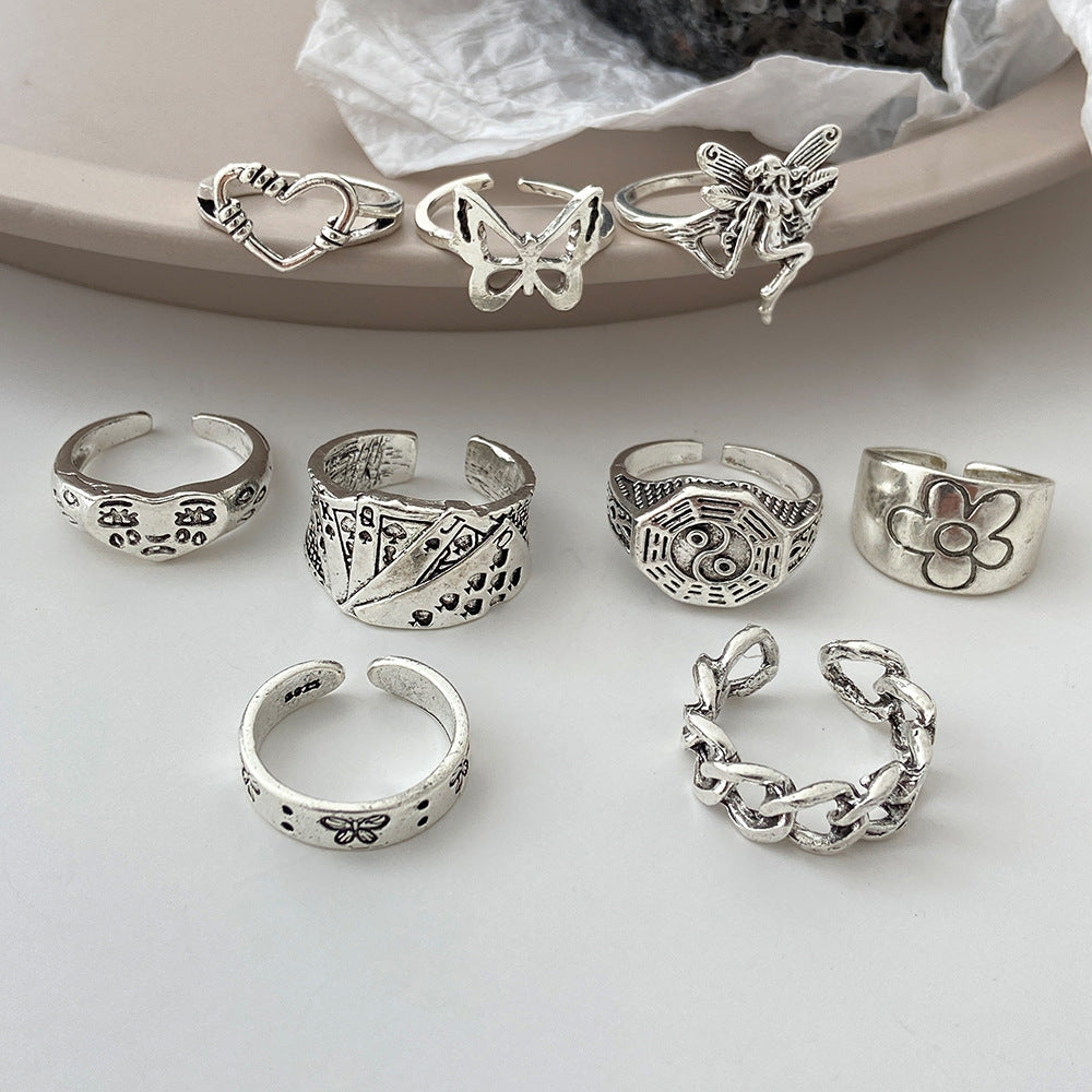 9-piece Set of Vintage Crying Face Rings, Playing Card Rings, Hollowed Out Love Rings, Daisy Rings, Alloy Chain Rings