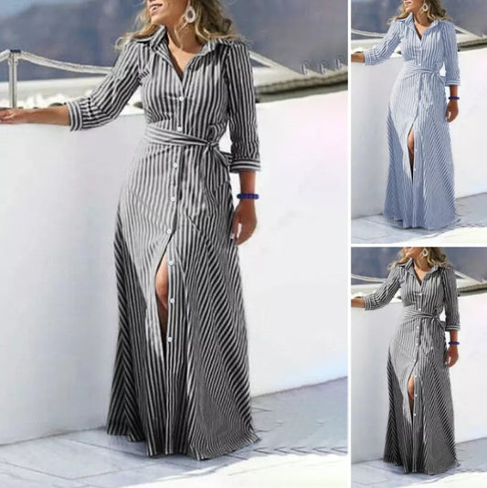 Cotton and Linen Yarn-dyed Sliver Women's Cardigan Belt High-end Loose Seven-quarter Sleeve Temperament Casual Dress