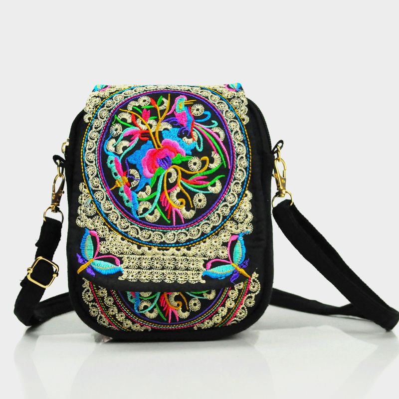 Ethnic Style Bag Small Bag Women's New Mini Diagonal Canvas Small SquareFlower Versatile Mobile Phone Coin Purse