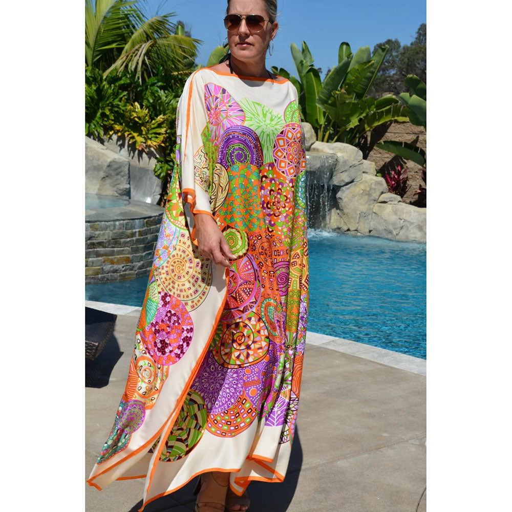 Printed Bohemian Dress Loose Plus Size Bat Sleeve Robe Bikini Blouse