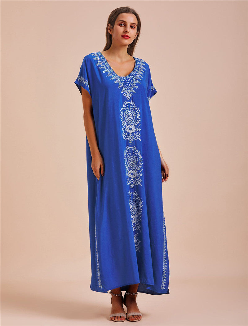 Artificial Cotton Embroidered Beach Cover Up, Long Robe Style Embroidered Dress, Beach Bikini Sun Protection Cover Up