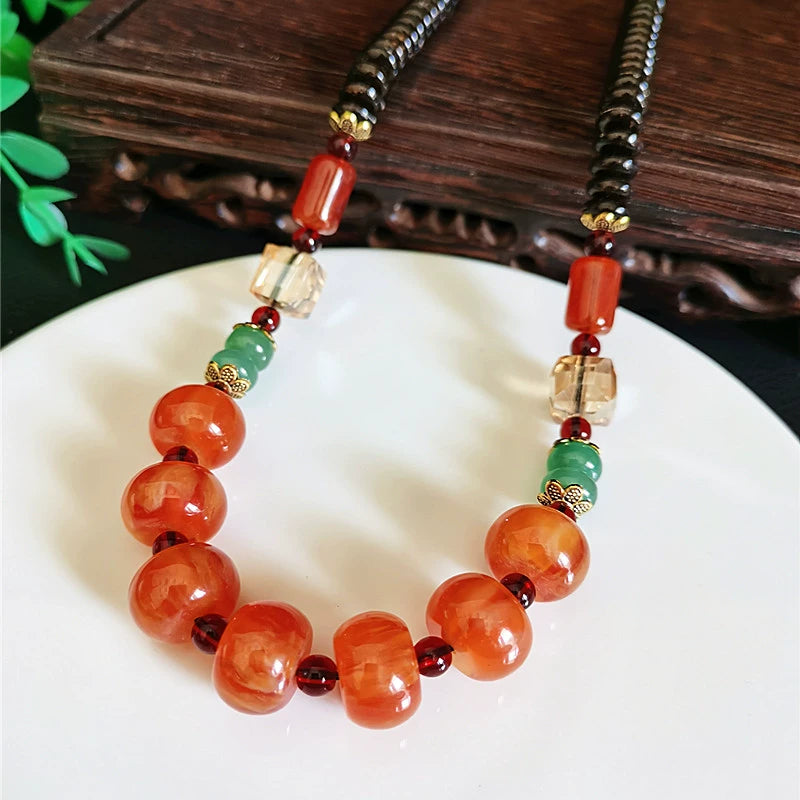 Classic Tibetan Red Blood Beeswax Old Wax Cake Necklace Abacus Bead Collarbone Chain Men's and Women's Ethnic Style Retro Neck Jewelry