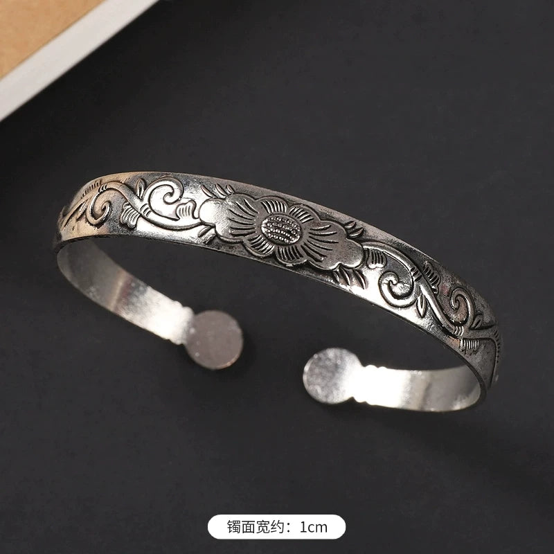 Handmade Miao Silver Old Bracelet Female Ethnic Style Retro Court Chinese Sculpture Ancient Silver Bracelet Personality Exotic Bracelet