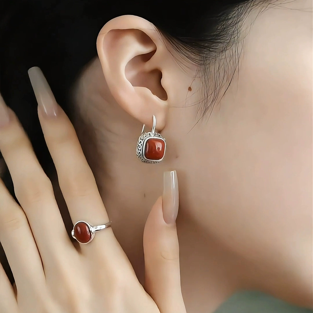 925 Silver Retro New Tibetan Square Earrings Hollow Women's Curly Grass Pattern Women's Old Earrings