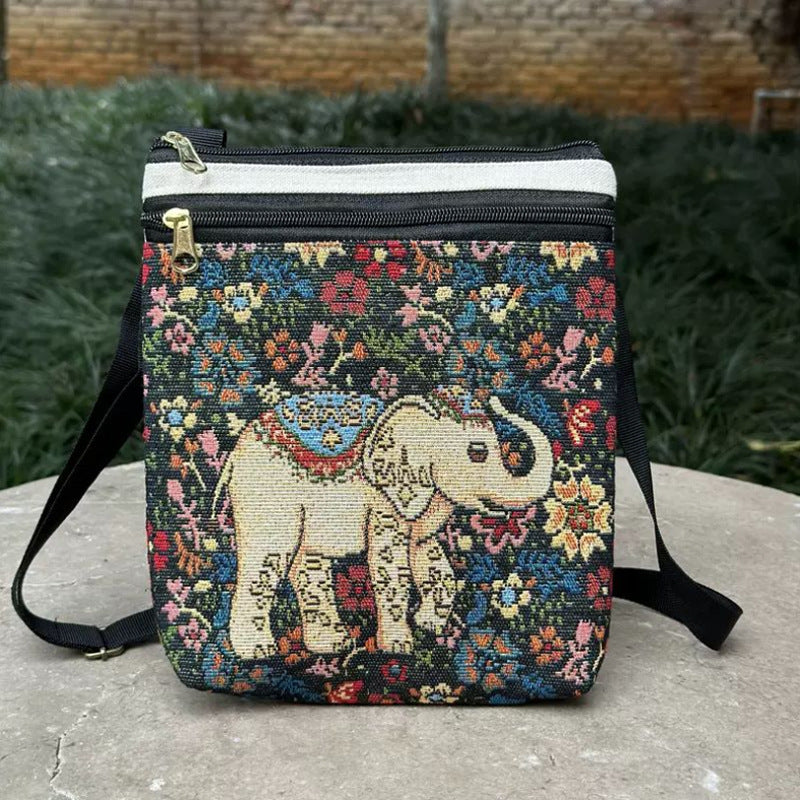 Woven Flower Cloth Bags, Retro Mobile Phone Change Bags, Two-layer Black Belts