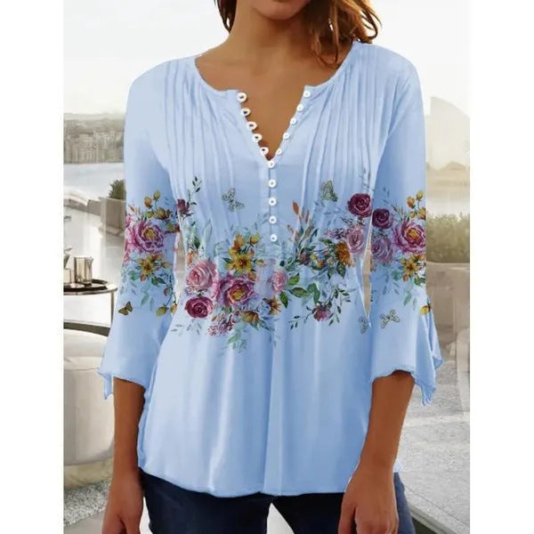 Spring and Summer Fashion New Women's Clothing Floral Printing V-neck Short-sleeved Pleated Button-up T-shirt Bottoming Shirt