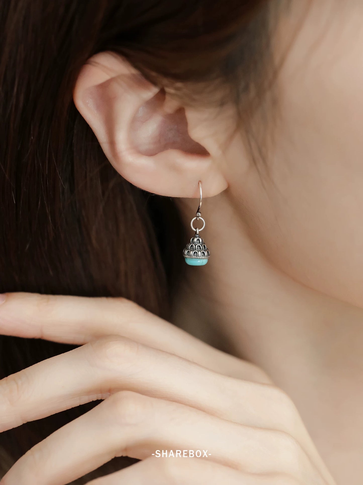 S925 Silver Turquoise Inlaid Wanfo Pendant, Ear Hook Earrings Women's New Tibetan Style Earrings