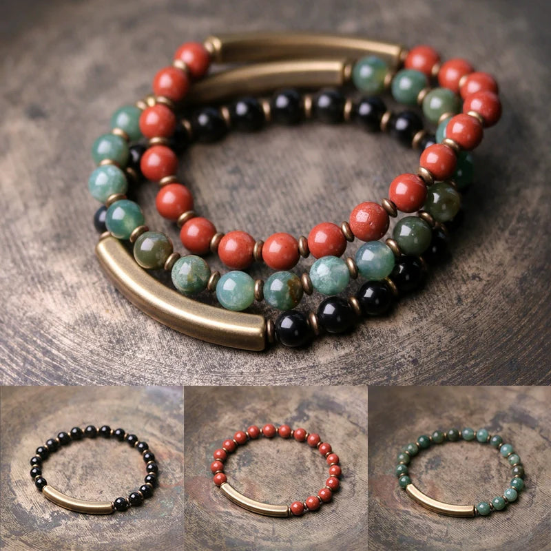 Red Blue Stone Beads Multi-layer Bracelet Couple Original Retro Ethnic Style Bracelet Women's Literary and Male Jewelry