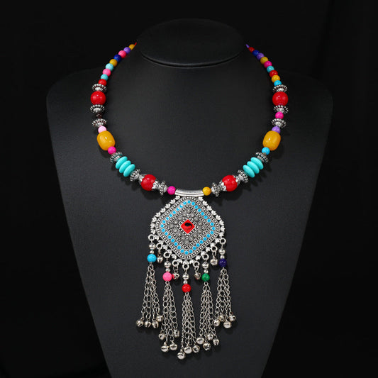 Retro Ethnic Tibetan Necklace Bell Tassel Colored Beaded Collar Sweater Chain Accessories