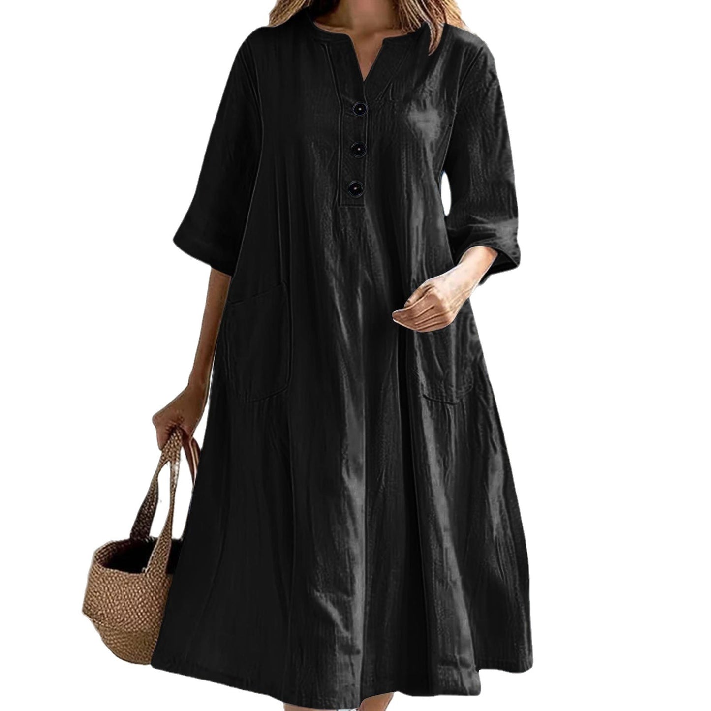 Women's Dress Women's Medium and Long V-neck Half-sleeve Cotton and Linen Loose Version Three-button Pocket Dress